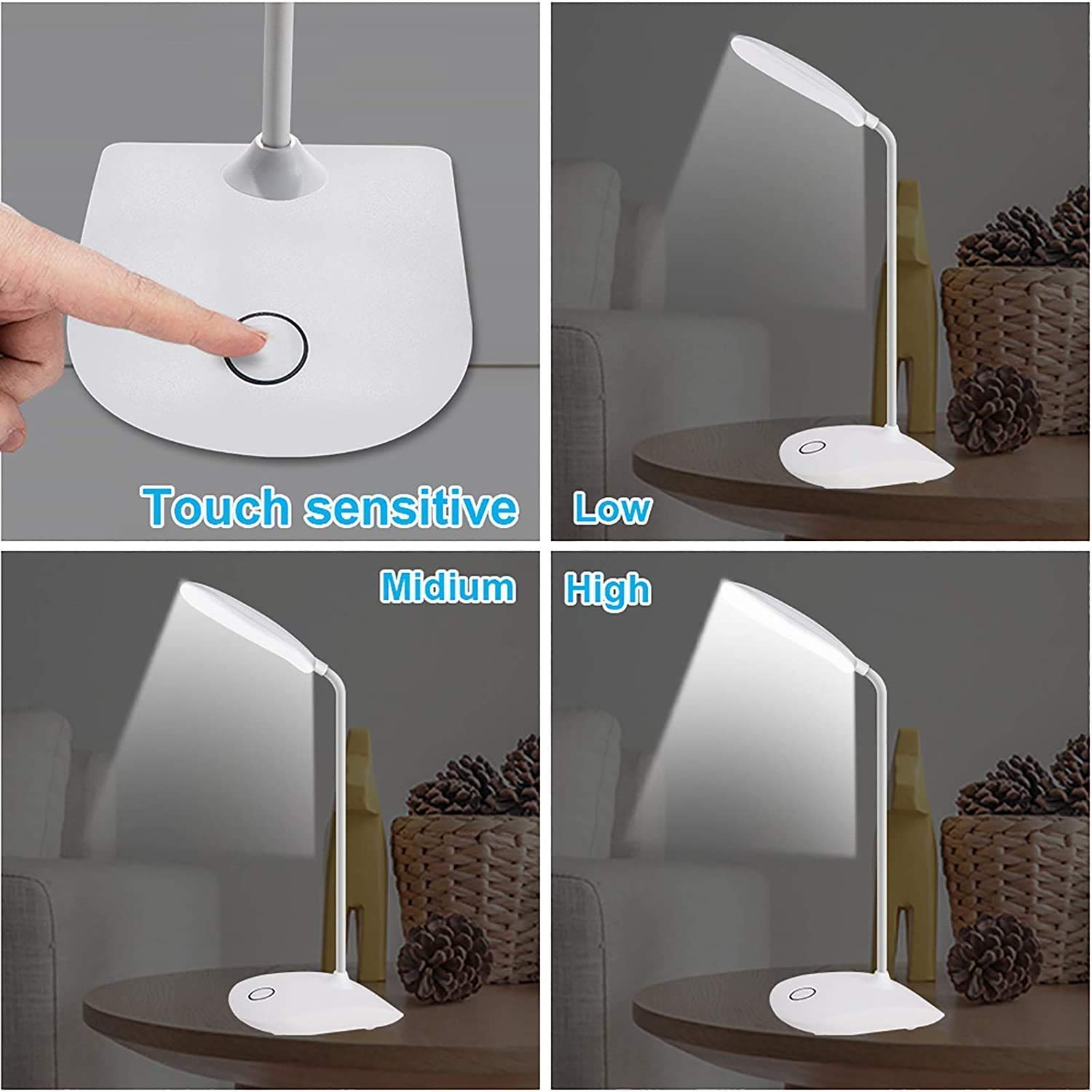 Touch LED Table Lamp With USB Cable – Adjustable Height Bedside Night Light with Polished Finish for Bedroom