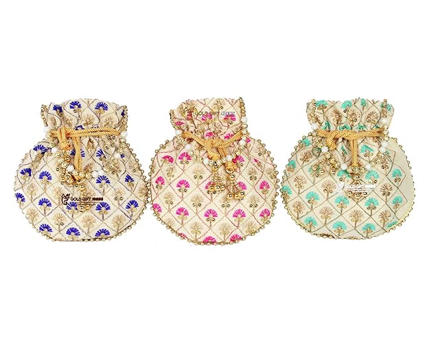 GoldGiftIdeas Cremon Floral Potli Bags with Beaded Handle, Potli Pouches for Housewarming, Return Gifts for Women, Traditional Party Favor Gift Bags
