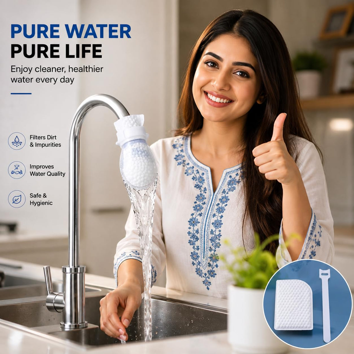 Faucet Water Filter Cotton Pads, 10 Pcs with 2 Securing Straps, Tap Filter Replacement Cotton for Kitchen & Bathroom Faucets, Helps Trap Visible Dirt, Sediment & Particles, Easy to Install