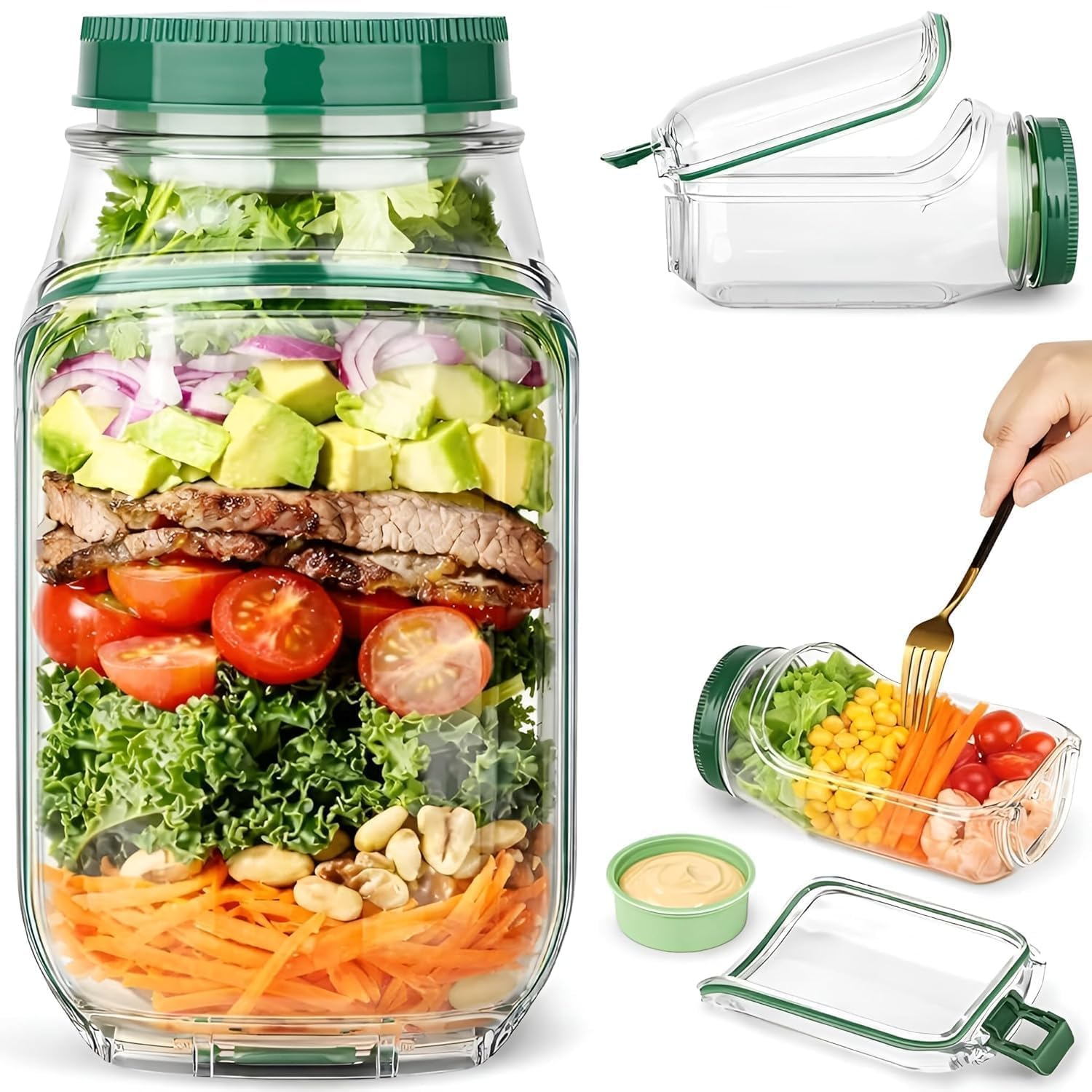 Original Premium Salad Pod Mason Jar with Side Opening Lid, Leakproof Vertical Layering with Built-In Dressing Containers, Reusable and Portable Lunch Containers for Office, Gym & School& Travel (Pack of 1)