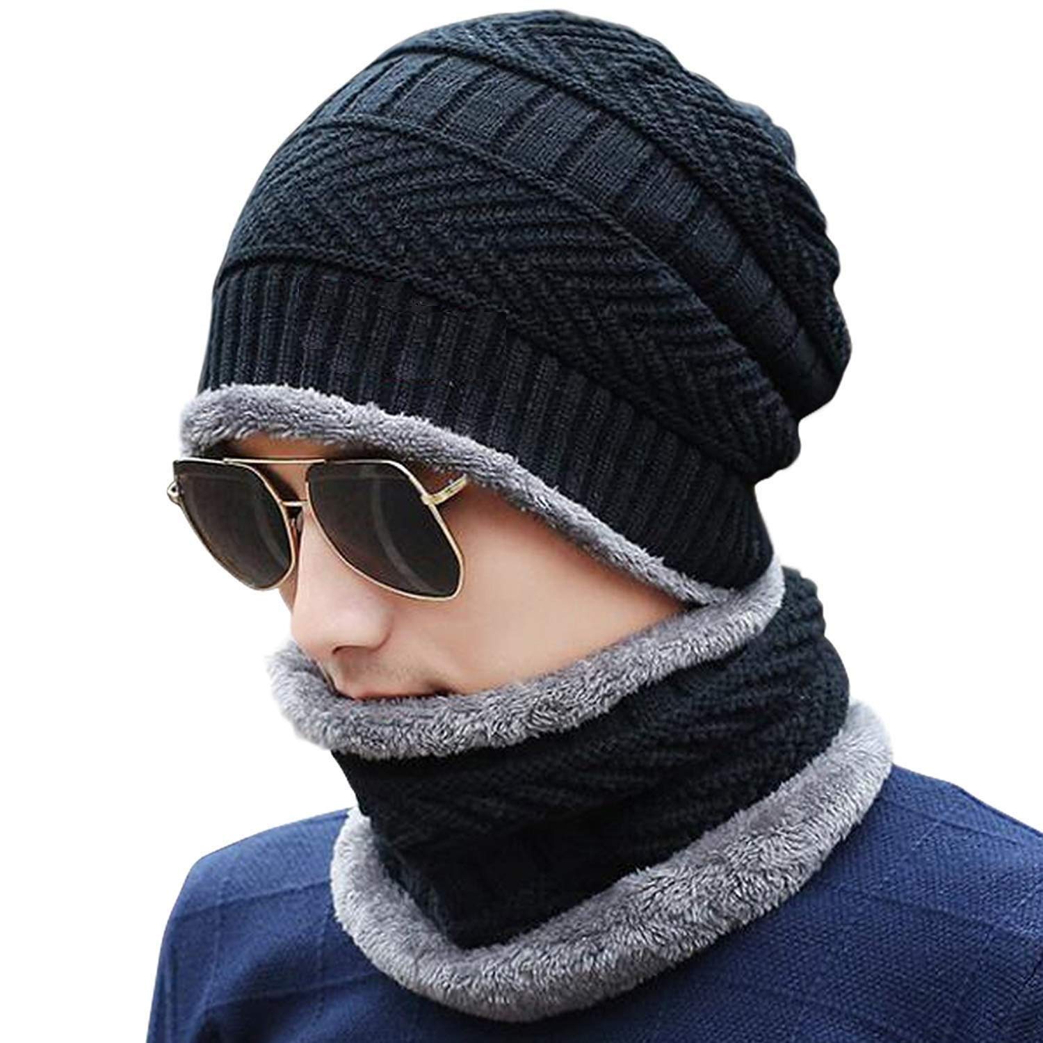 Winter Beanie Cap & Scarf Set – Warm Knit Fur-Lined Hat & Thick Scarf for Men & Women (Black)