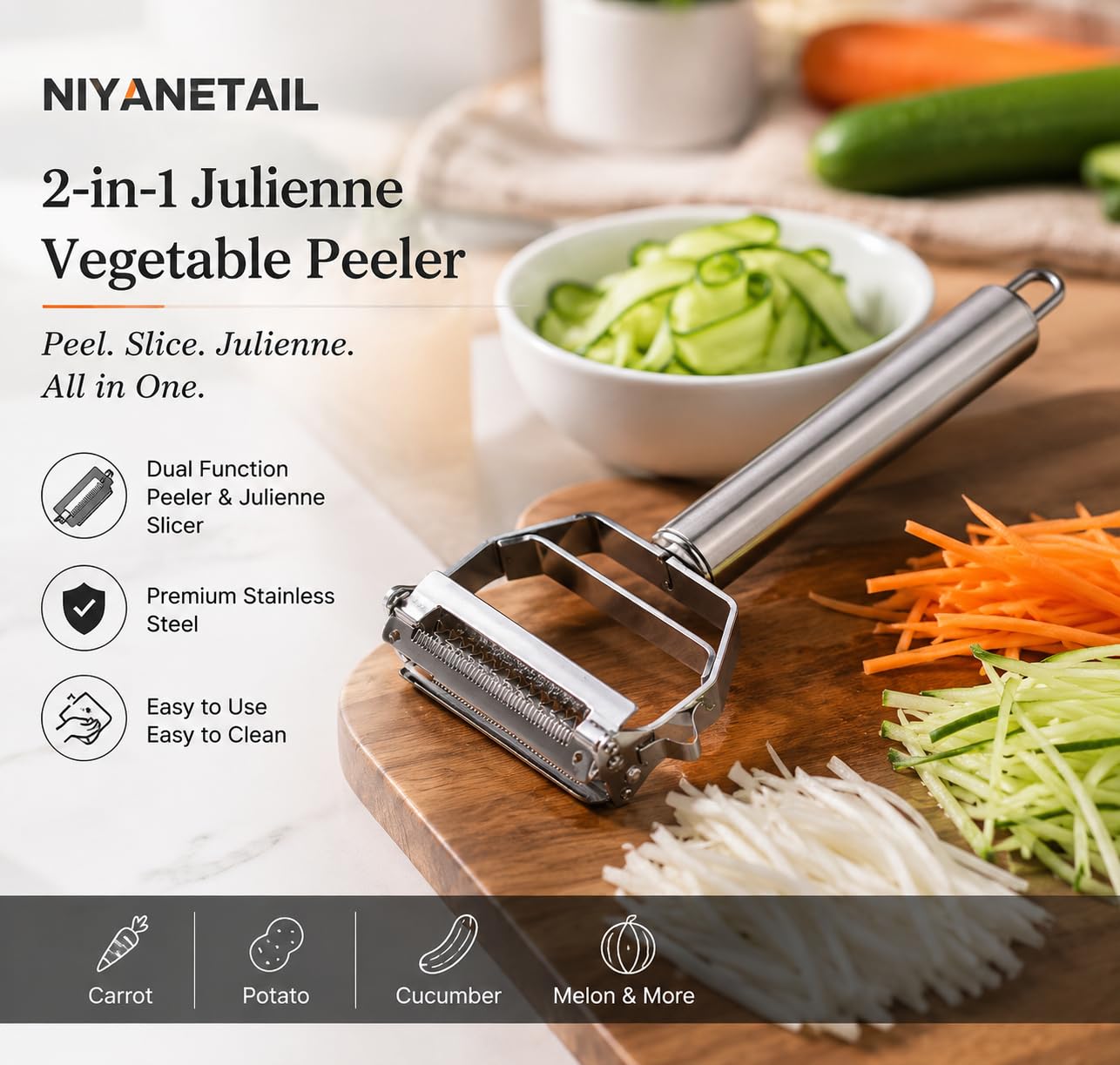 Stainless Steel 2 in 1 Julienne Vegetable Peeler & Slicer Multi-Functional Fruit & Vegetable Cutter Sharp Double Blade Peeler for Potato, Cucumber, Carrot, Melon & More Ergonomic Grip Silver