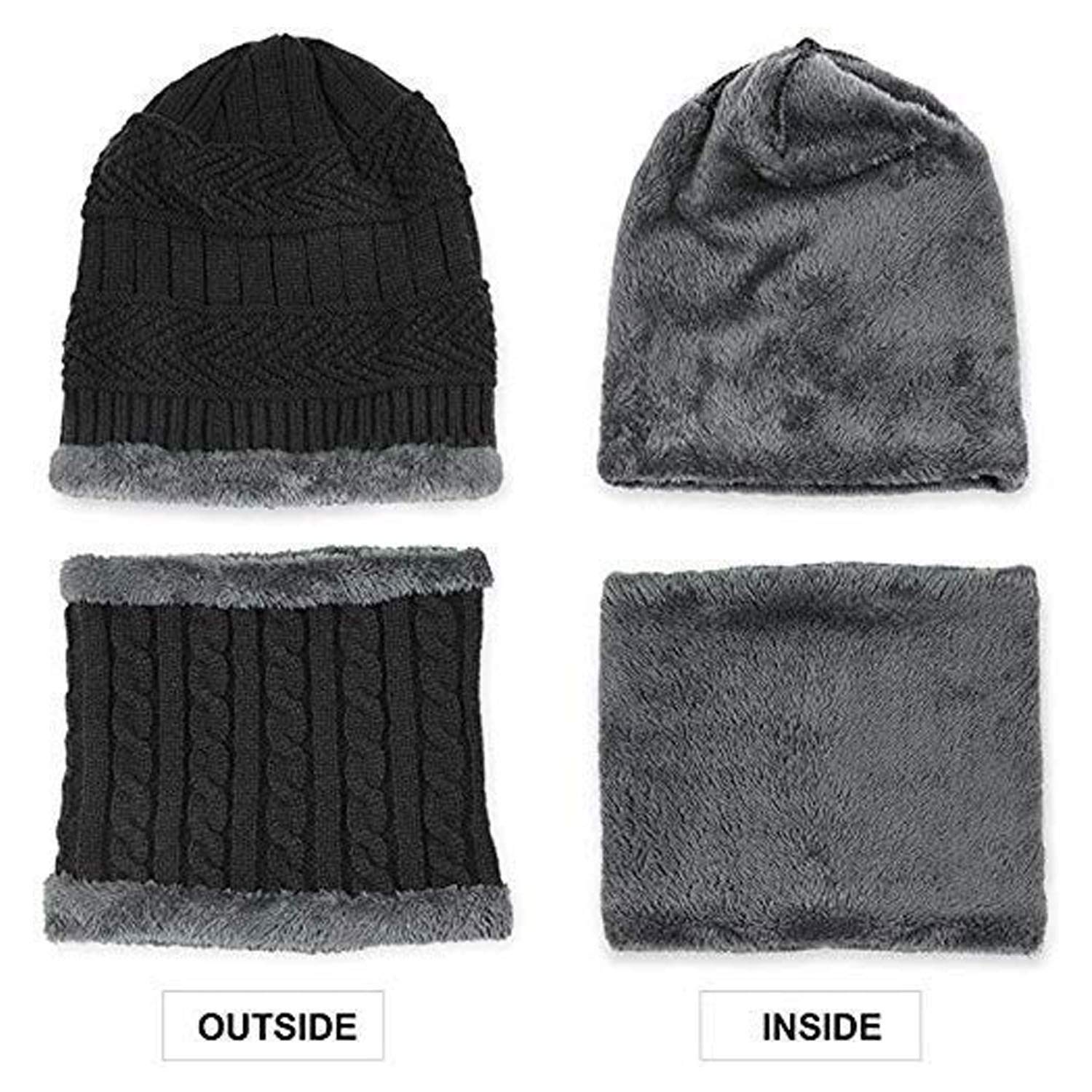 Winter Beanie Cap & Scarf Set – Warm Knit Fur-Lined Hat & Thick Scarf for Men & Women (Black)