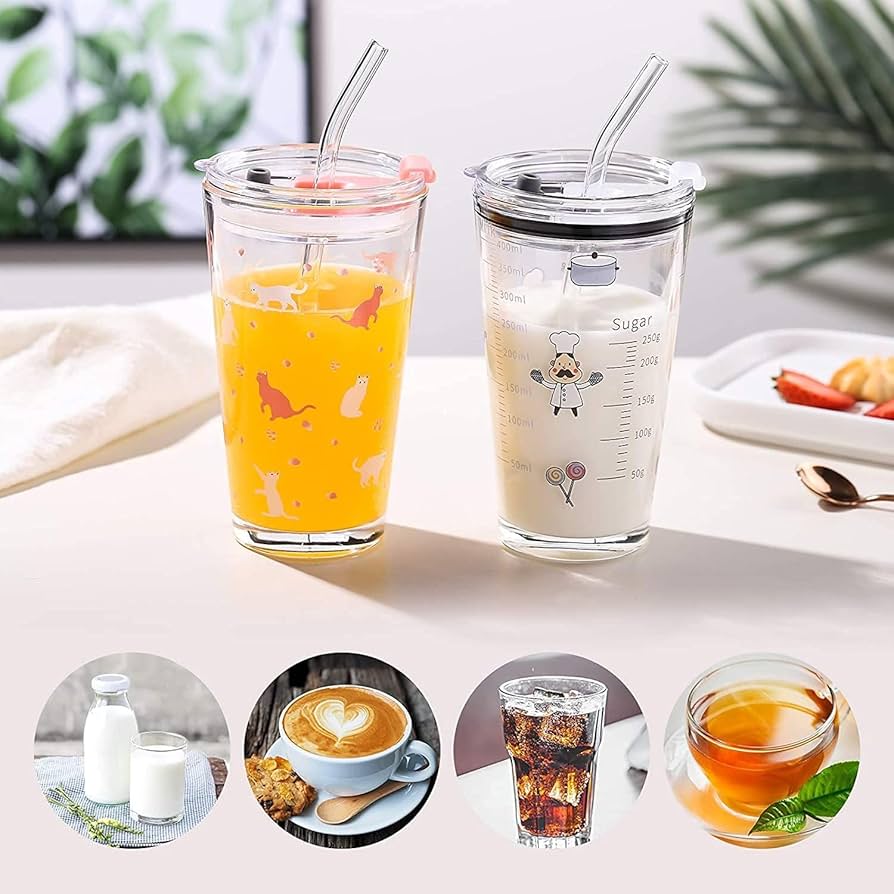450ml Printed Glass Tumbler with Straw – Stylish Reusable Drinking Glass Cup for Juice, Coffee, Smoothies & Beverages (Pack of 1)