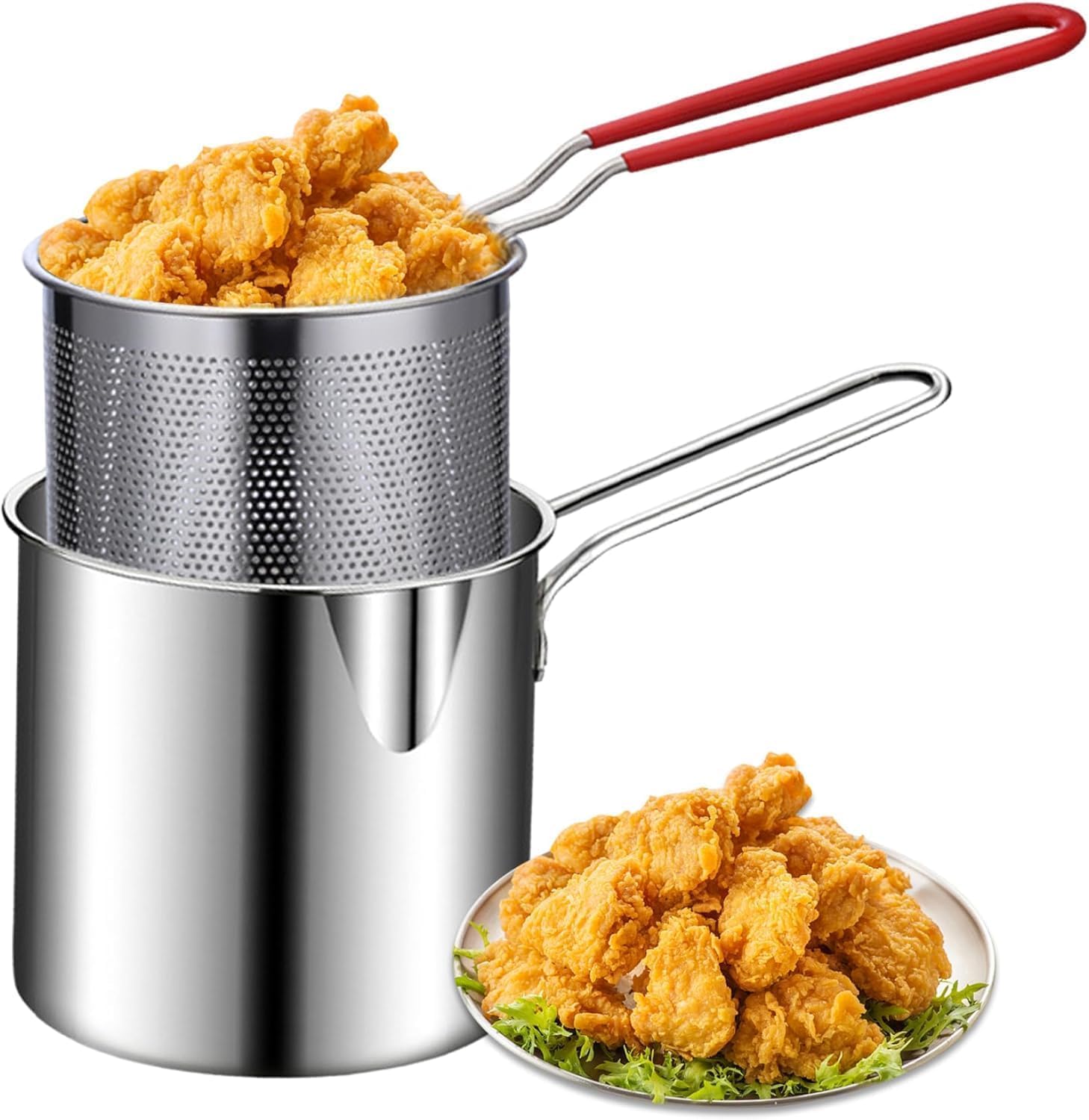 Small Deep Frying Pot with Strainer Basket – 2 Pc Set, Non-Stick Mini Fryer for Home Cooking & Kitchen Use