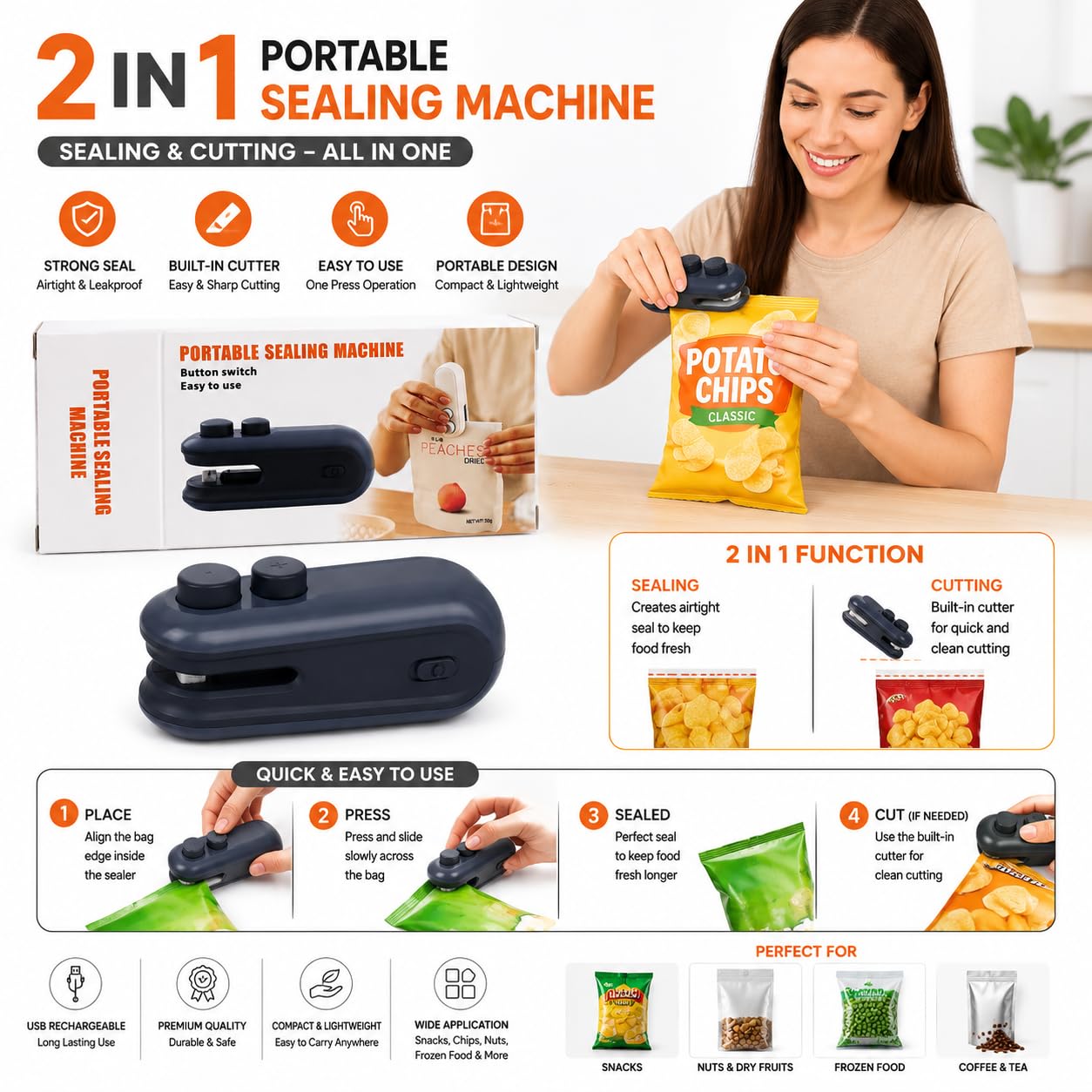 Portable Mini Sealing Machine for Plastic Bags | 2 in 1 Handheld Packet Sealer & Cutter | Food Snack Fresh Storage Bag Sealer for Chips, Biscuits & Kitchen Use