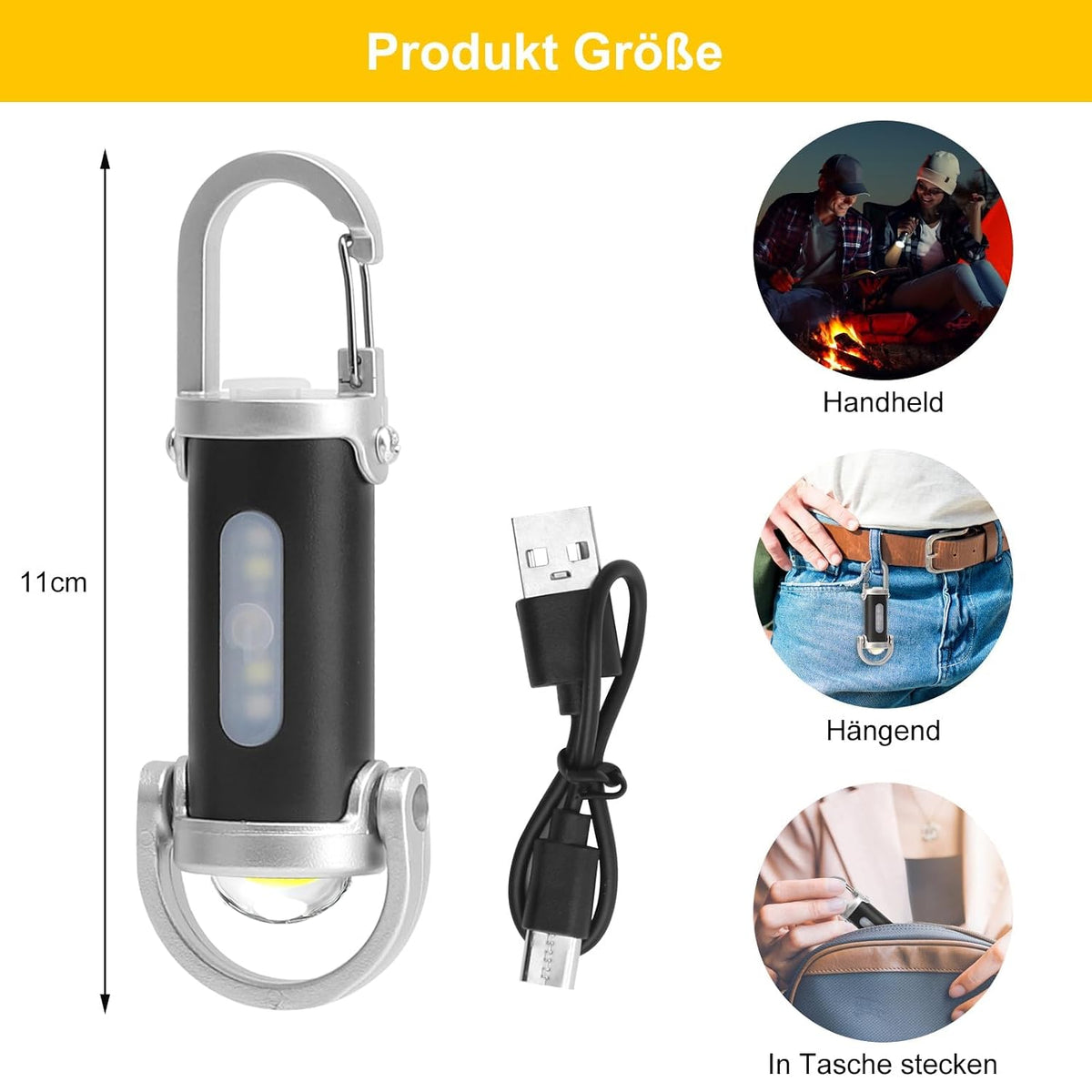 Rechargeable COB LED Keychain Light with Carabiner | USB Mini Portable Flashlight