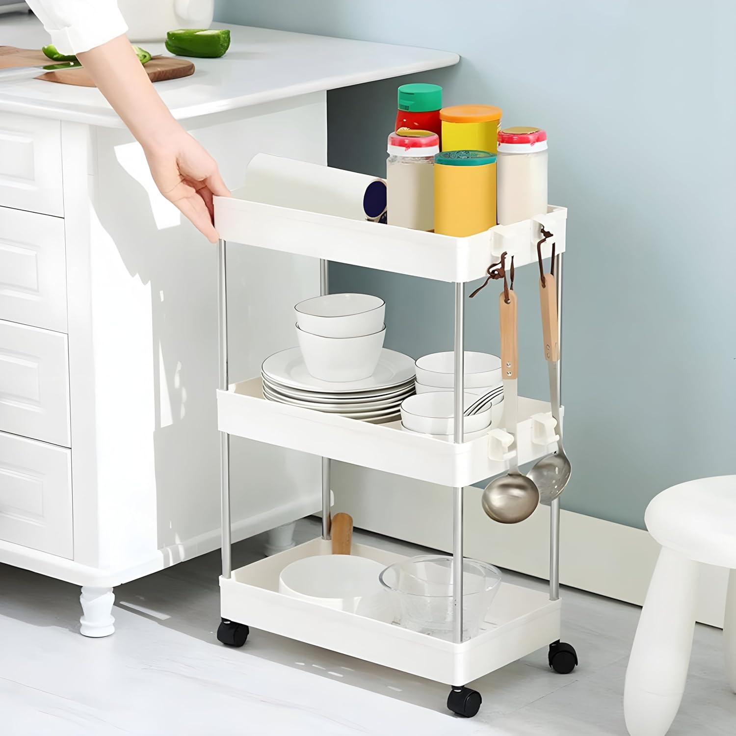 3-Tiers Rolling Utility Trolley with Wheels Storage Organizer for Kitchen, Bathroom, and Office - Multi-Purpose Use Frame Cart