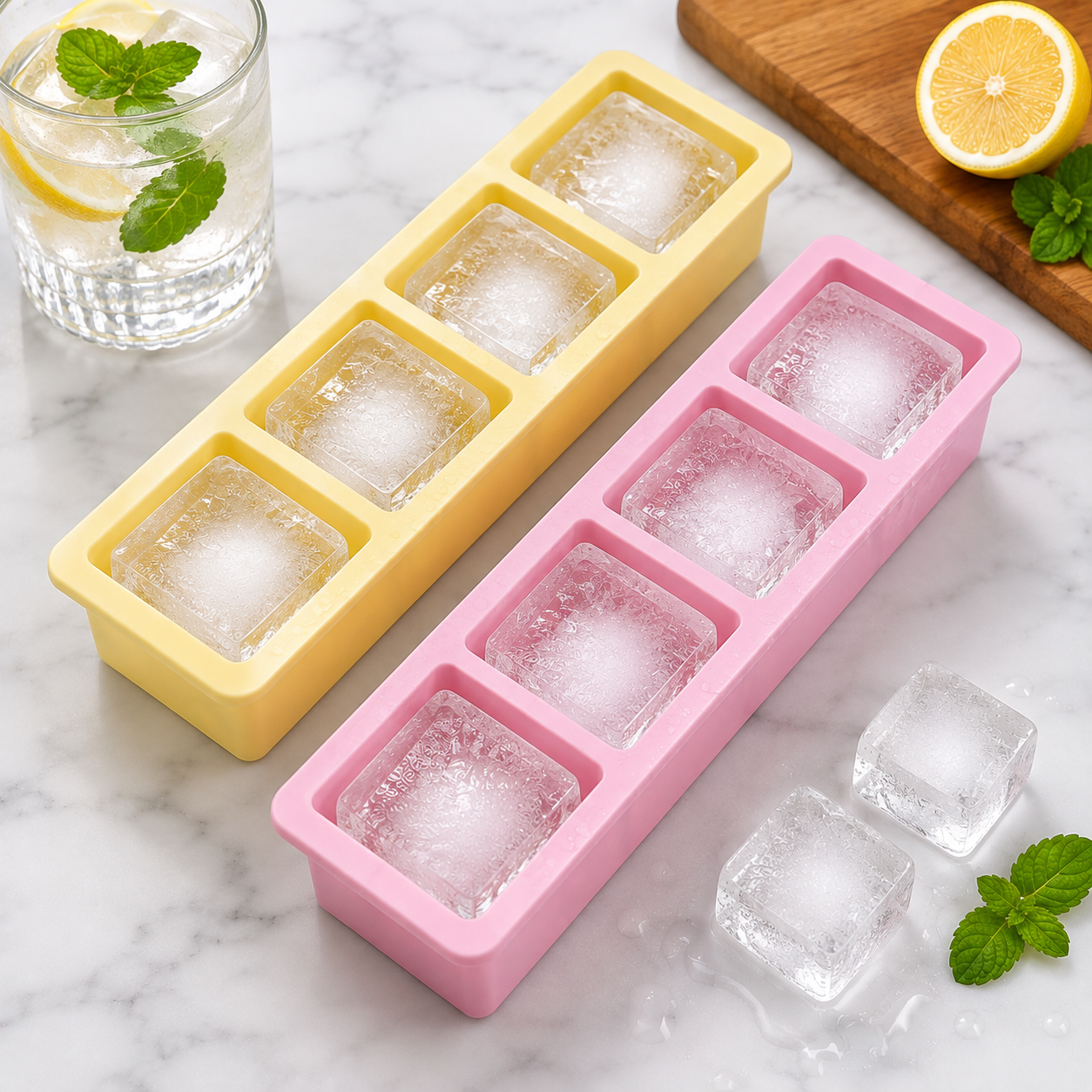 4 Cavity Silicone Ice Cube Mould Tray | Large Square Ice Cube Maker | Food Grade BPA-Free Flexible Ice Tray (Random Color Pack of 1)