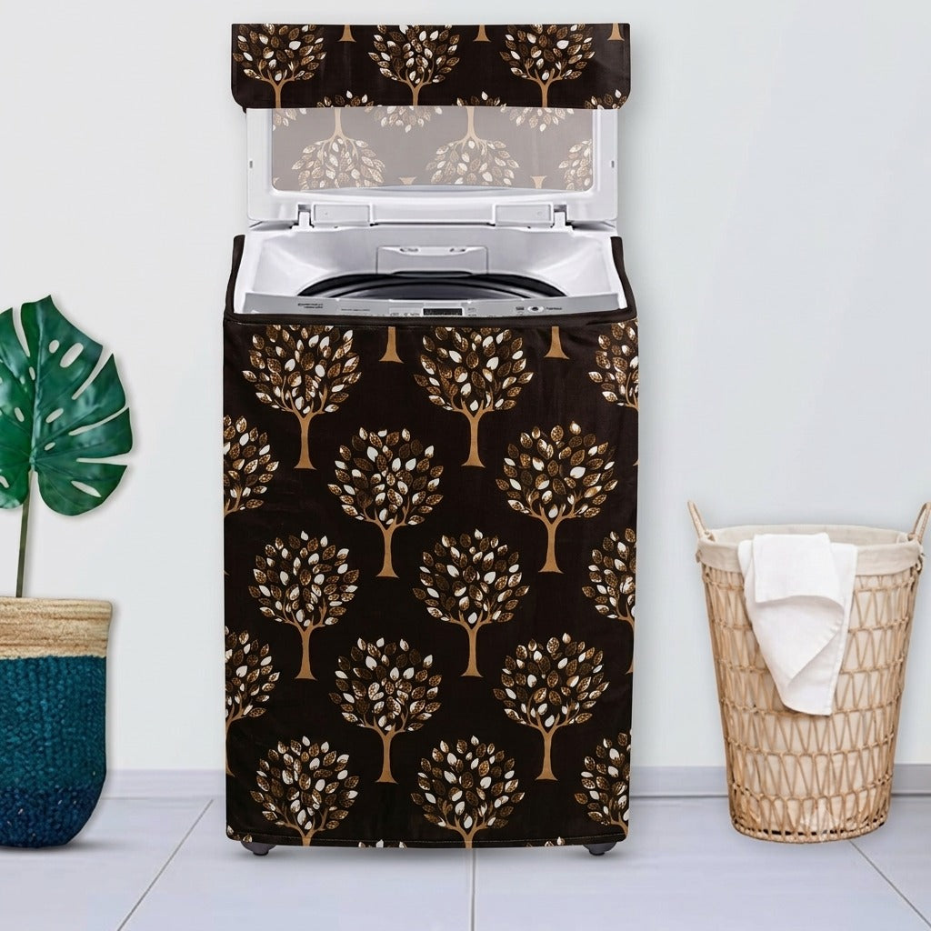 Top Load Washing Machine Cover with Zipper | Dustproof Fully Covered Protective Cover | Brown Tree Print | Premium Polyester Fabric (Pack of 1)