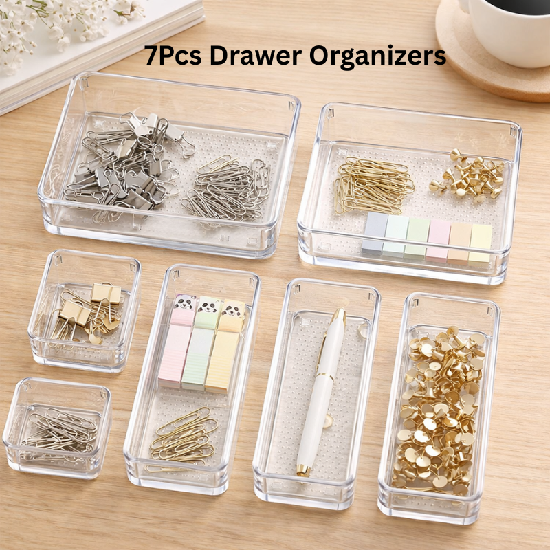 Trendy Clear Plastic Holder & Drawer Organizer Trays – Multipurpose Storage Set for Kitchen, Home & Office(7pcs in Set of 1)