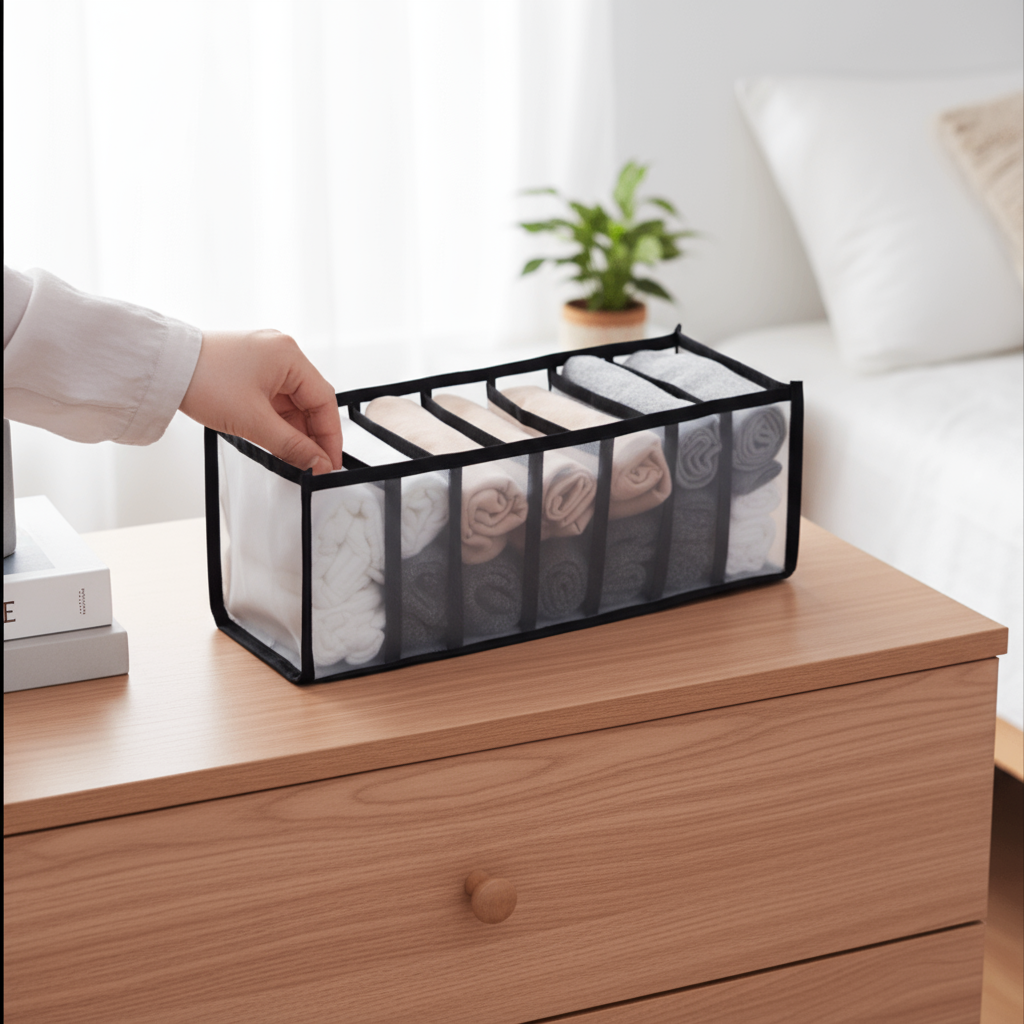 Mini 7-Compartment Underwear & Socks Organizer – Washable Drawer Storage Box for Closet & Wardrobe(Pack of 1)