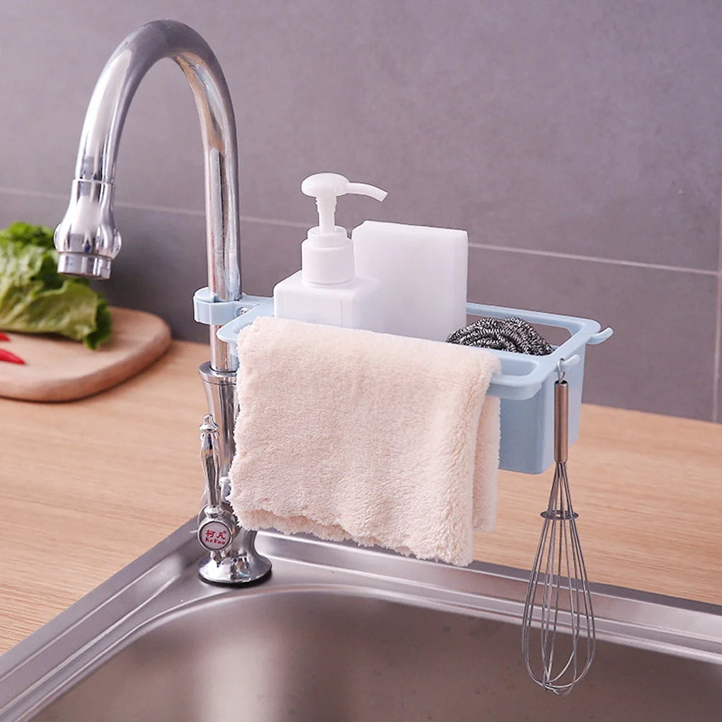 Adjustable Plastic Kitchen Sink Caddy Organizer, Faucet Sponge Holder with Soap Drainer Shelf Basket, Bathroom Accessories Storage Rack (Random Colors)