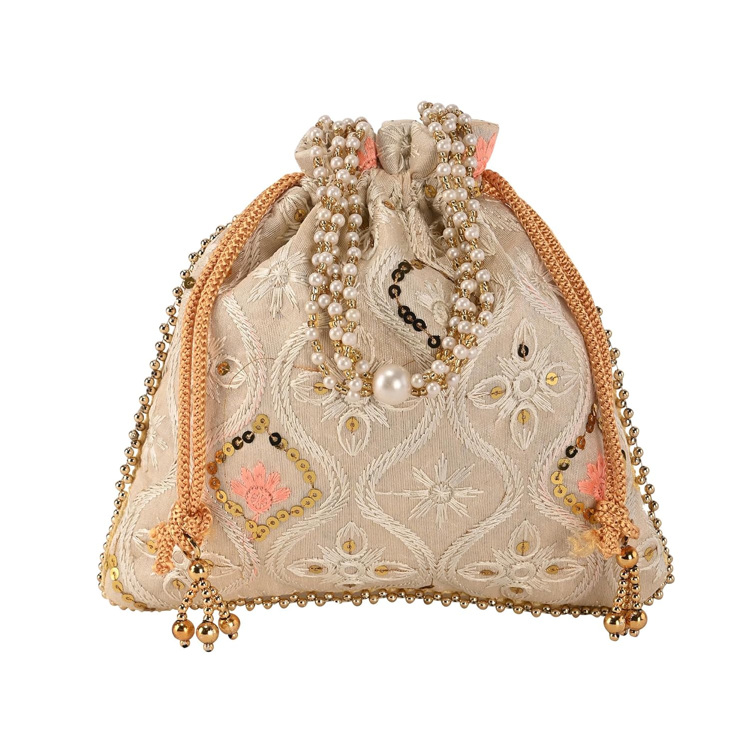 Embroidery Potli Bags for Women with Pearl Handle & Drawstring – Elegant Traditional Gift Pouch for Weddings & Festive Occasions