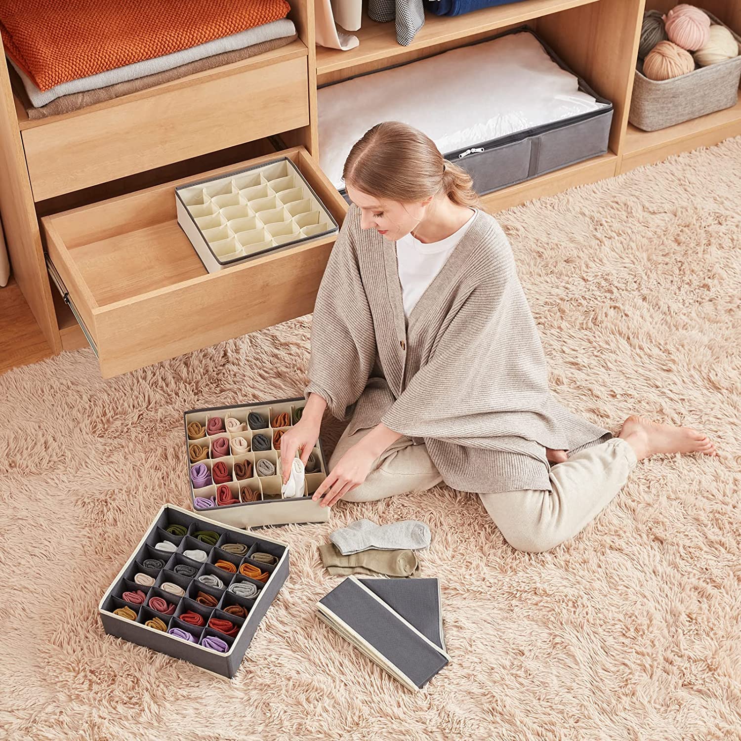 24-Cell Collapsible Socks & Underwear Organizer Box – Foldable Closet & Drawer Divider for Ties, Lingerie & Accessories (Pack of 1)