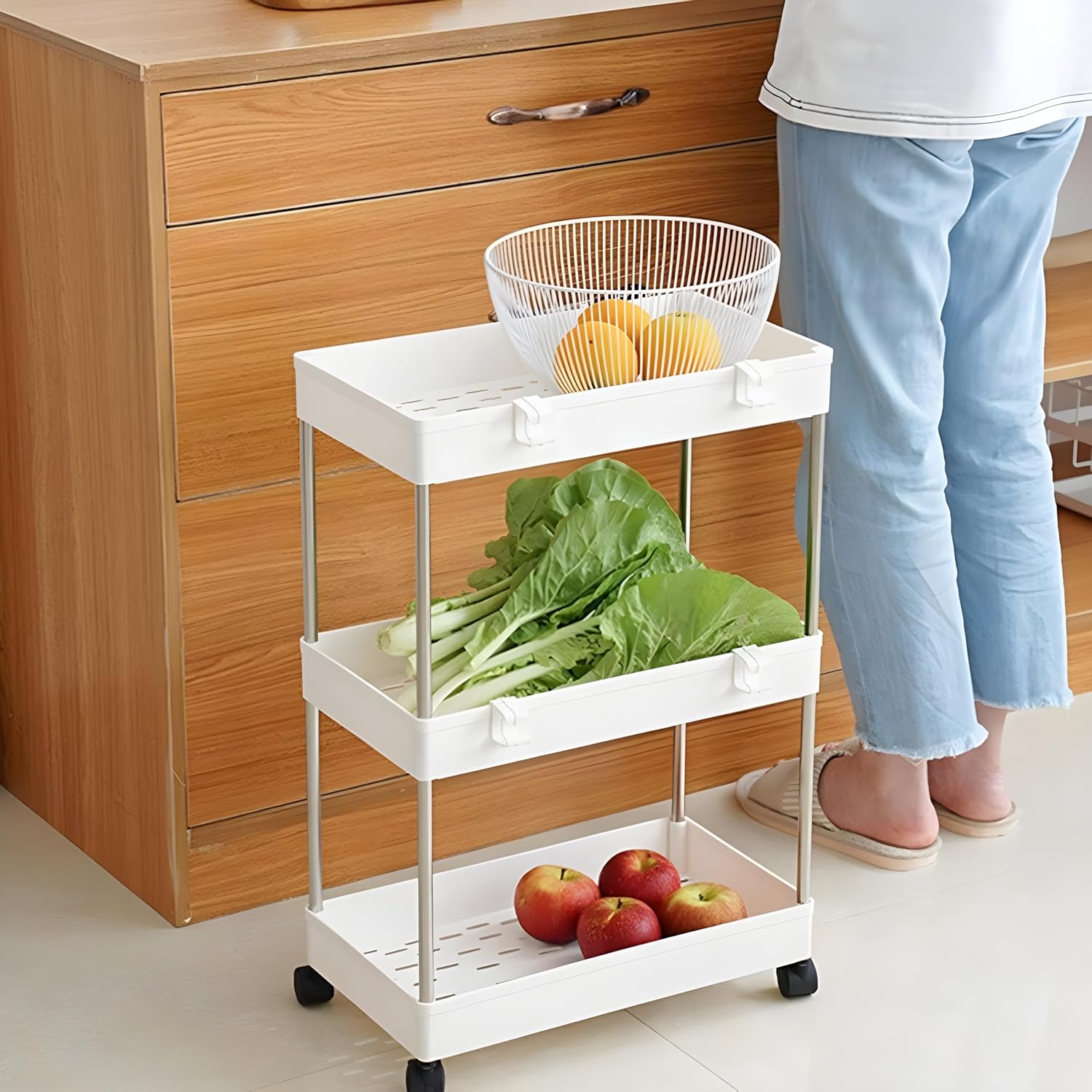 3-Tiers Rolling Utility Trolley with Wheels Storage Organizer for Kitchen, Bathroom, and Office - Multi-Purpose Use Frame Cart