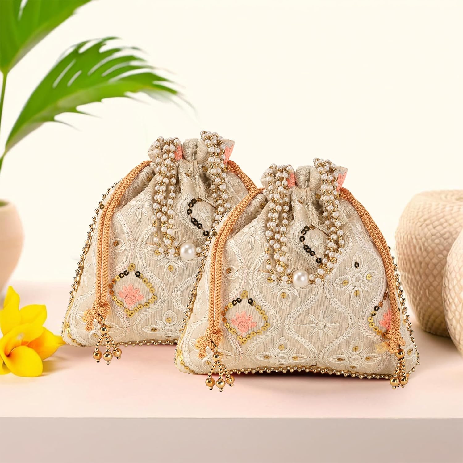 Embroidery Potli Bags for Women with Pearl Handle & Drawstring – Elegant Traditional Gift Pouch for Weddings & Festive Occasions