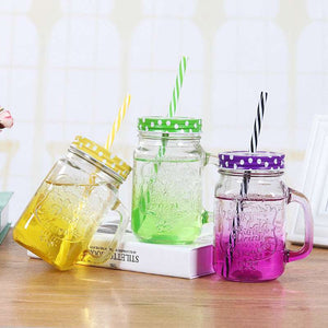 Creative Gradient Color Mason Cup Jar with Lid & Straw (Random Colors)