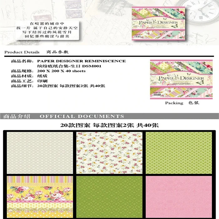 An image displays product details for "PAPER DESIGNER REMINISCENCE" printed paper. The details include the product name, specifications (200 x 200 mm, 40 sheets), material (paper), and process (printing). Below this, six of the twenty different floral and patterned paper designs included in the pack are showcased.printed papers, art paper, craft paper, scrapbook paper, pattern paper, paper designer, art & craft supplies, stationery items, stationery shop near me, floral paper, patterned paper.