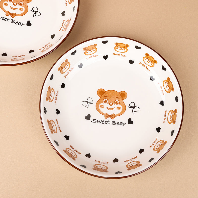 8 Inch Bear Print Ceramic Plate – Cute Cartoon Dining Plate for Snacks, Desserts & Everyday Use (1 Pc)