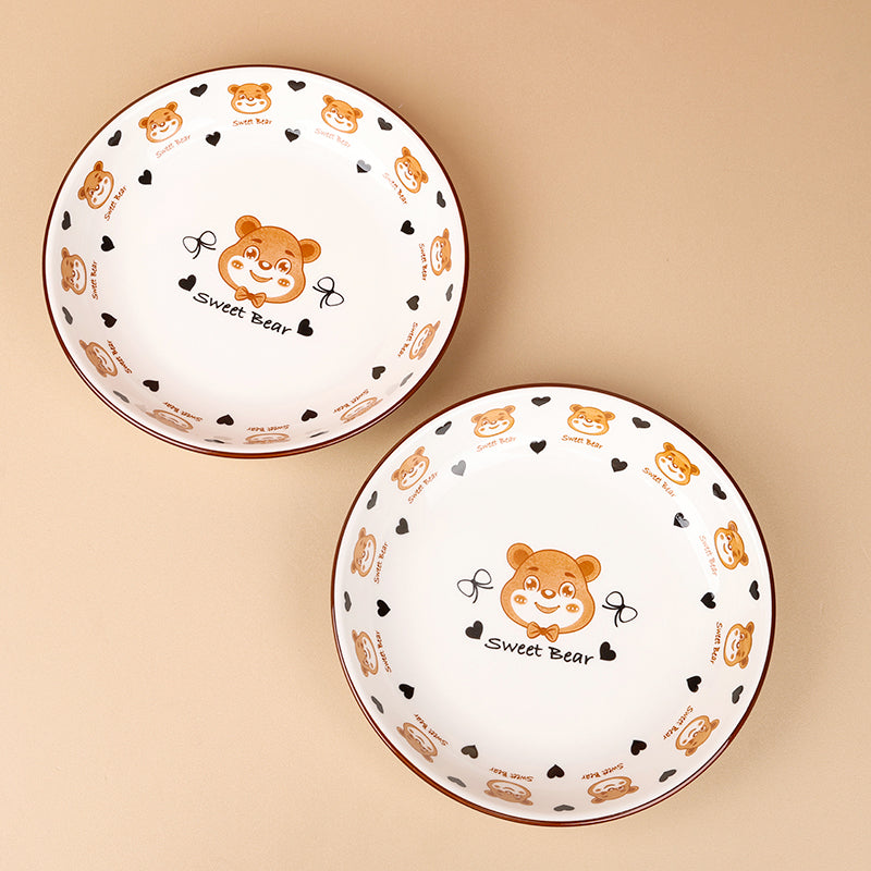 8 Inch Bear Print Ceramic Plate – Cute Cartoon Dining Plate for Snacks, Desserts & Everyday Use (1 Pc)