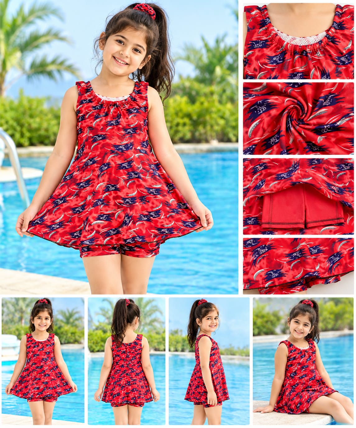 Girls Teal Printed One-Piece Swim Dress with Attached Shorts (Random Color and Print)