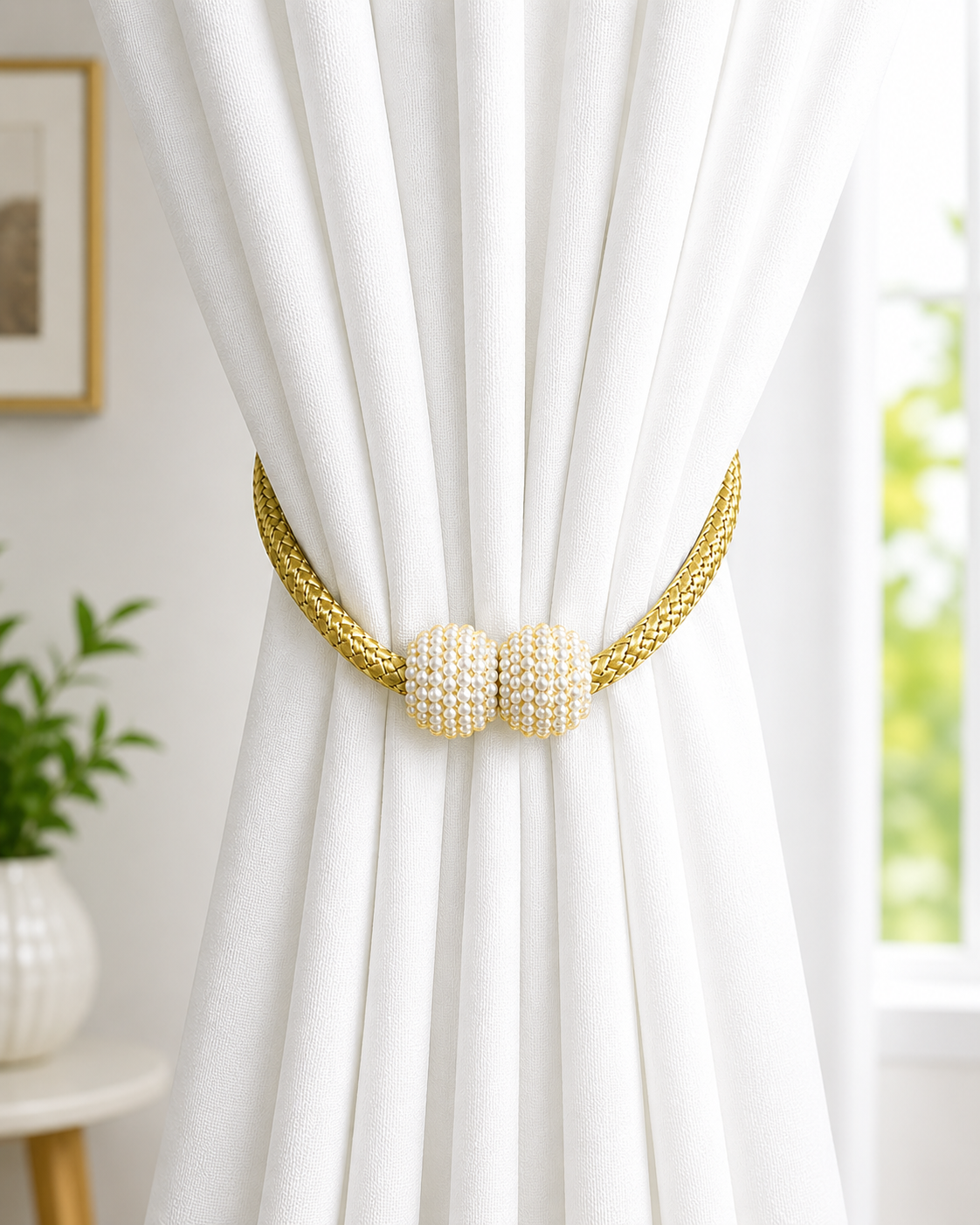 Magnetic Curtain Buckle – Gold Pearl Tieback (1 Pair Golden color)