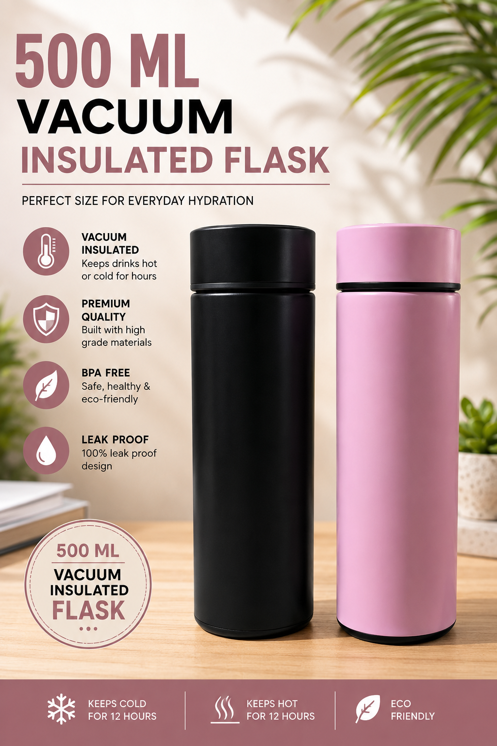 500 ML Vacuum Insulated Flask Water Bottle (Random Color Pack of 1 )