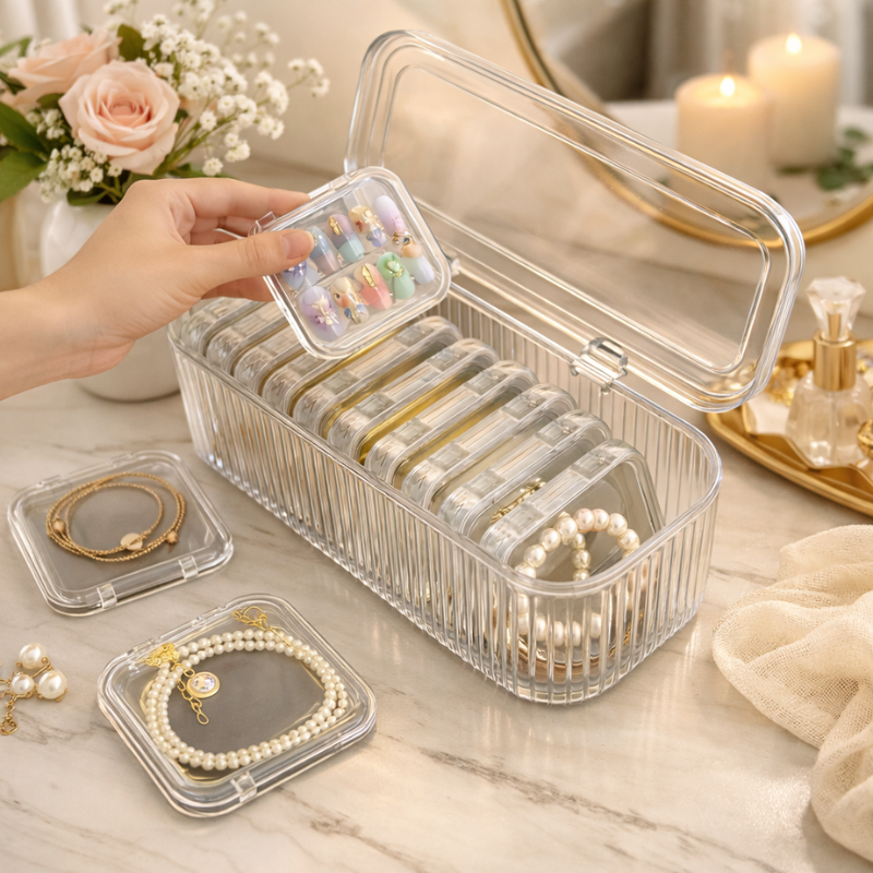 Organizer Clear Jewelry Box Modern 4-Layer Jewelry Box With Clear Glass Lid, White And Gold