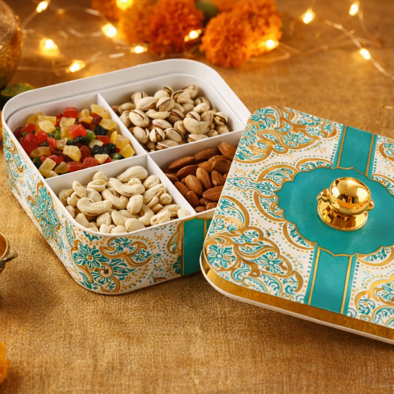Airtight Dry Fruit Container Tray Set with Lid | 4-Section Serving Box | Multipurpose Plastic Storage & Gifting Set (Random Design-Pack of 1)