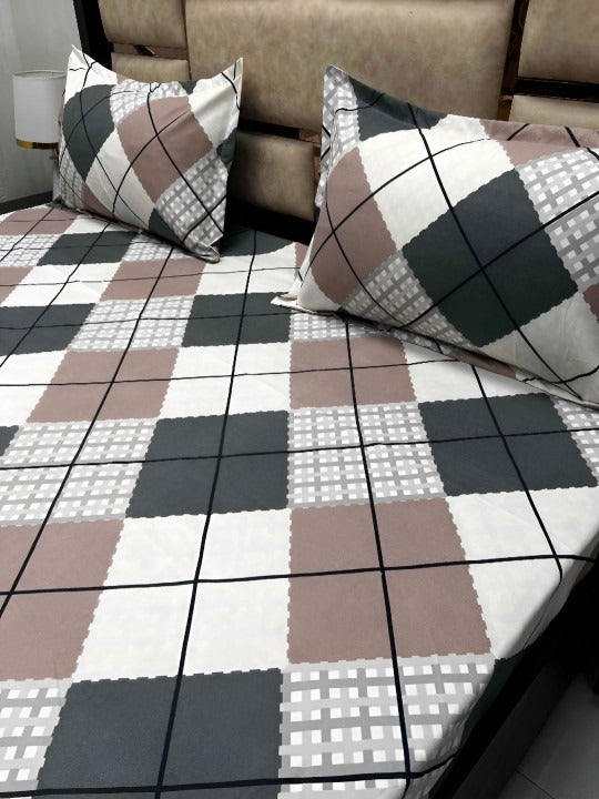 Contemporary Block Style Bedsheet – Neutral Palette with Pillow Covers – Double Size