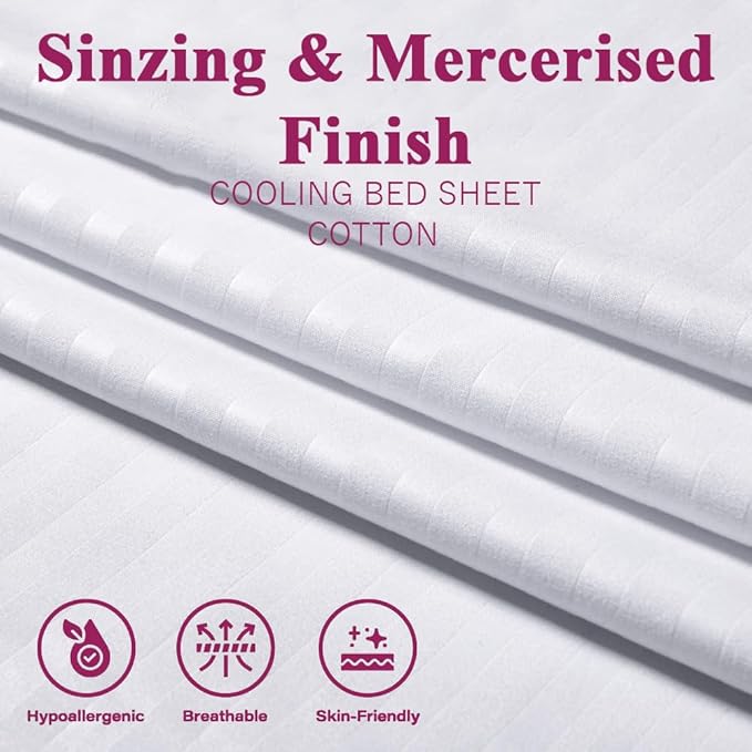 White Elegance Bedsheet Set – Premium Cotton Feel with Subtle Satin Stripes – Double Bed Size