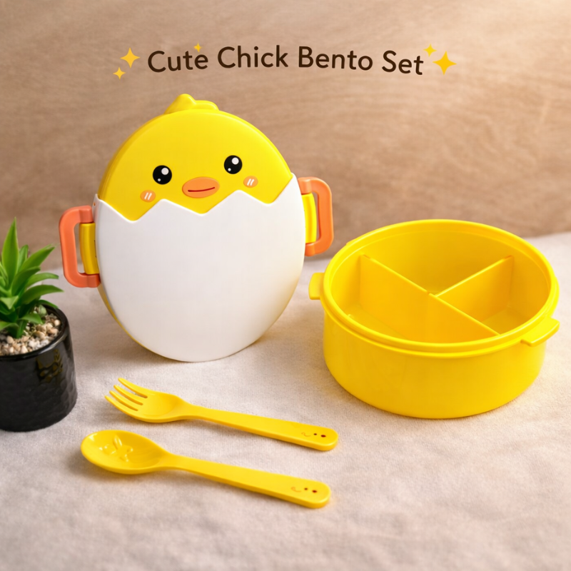 Baby Chick Bento Lunch Box with 3 Compartments – Cute Kids Plastic Tiffin Box with Spoon & Fork | School & Travel Lunch Box