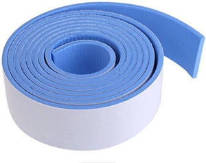 A roll of light blue, soft edge protector with white adhesive backing is coiled.Edge protector, safety bumper, furniture guard, baby proofing.