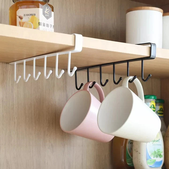 1 Pack Hanging Hooks Rack Under Cupboard Cabinet Cup Holder Coffee Mug Holder 6 Hooks Drilling Free Coffee Cups Holder Kitchen Utensil Storage Organizer Hook Rack