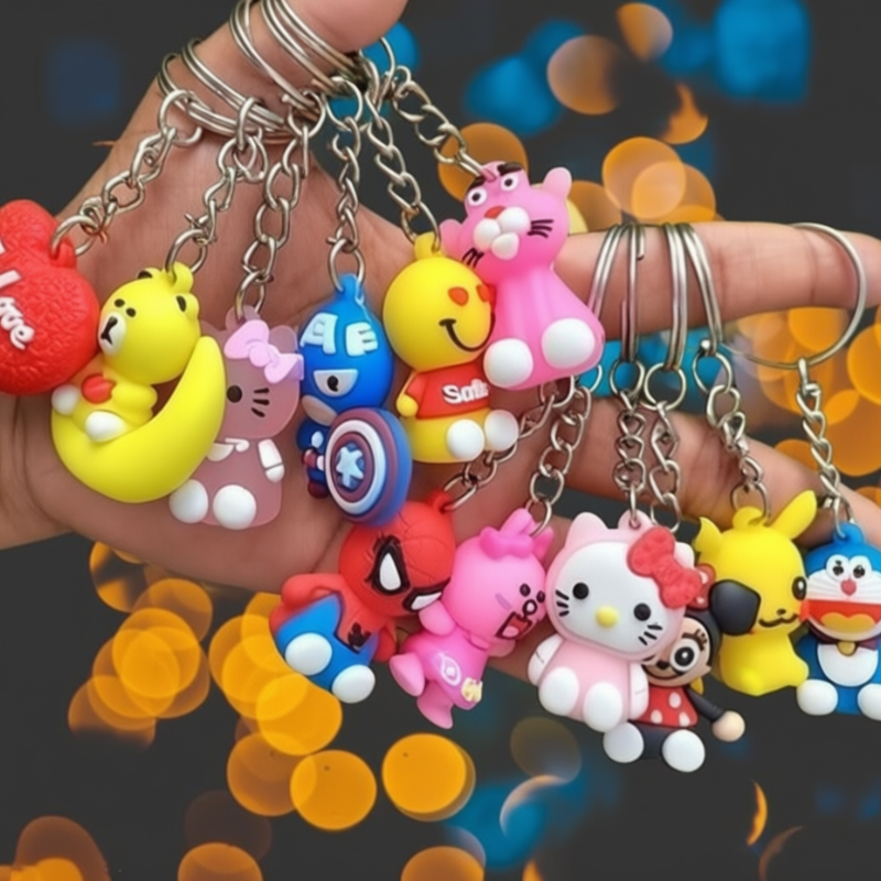 Mini Random Cartoon Keychain Combo – Soft Silicone Characters for Bags, Keys & Gifting (Pack Of 12)