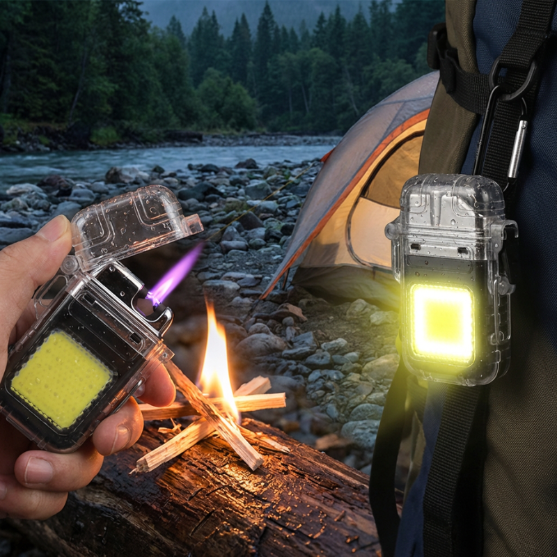COB Torch Waterproof Dual ARC Lighter – Windproof Rechargeable LED Flashlight with Mini Work Light & Plasma Lighter for Outdoor Camping & Hiking