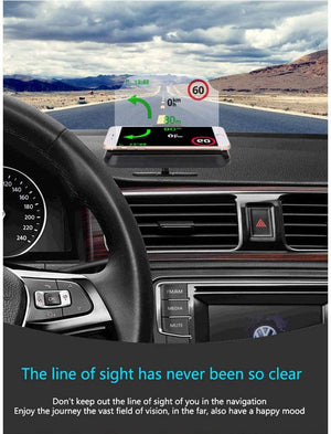 A car HUD reflects GPS, speed (0), limit (60), distance (80m) onto the windshield.CONRAL HUD, car navigation, GPS, driving.