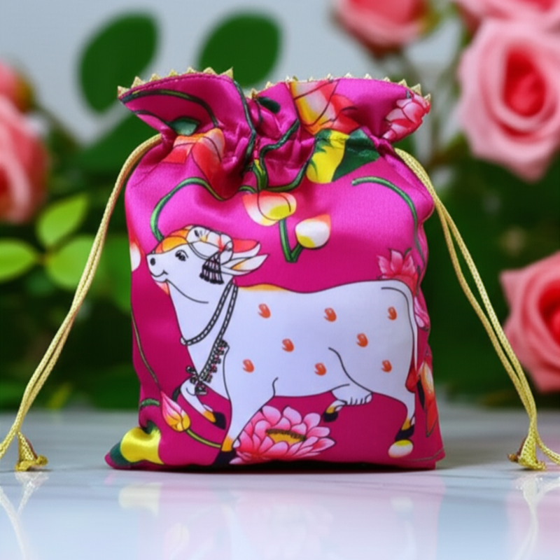 Trendy Cow Print Potli Bags – Perfect for Diwali, Navratri & Wedding Return Gifts (Random color-Pack of 1)