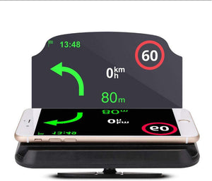 A car head-up display unit reflects navigation arrows and a speed limit of 60 onto a screen above a smartphone. It also shows a distance of 80m.car HUD, head-up display, navigation, speed limit,car accessories, auto accessories, car interior.