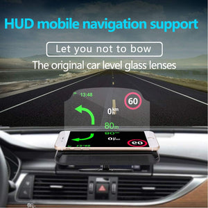 A car HUD reflects navigation, speed limit (60), and distance (80m) onto the windshield above a smartphone displaying the same information.
