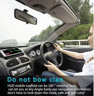 A phone displaying GPS is mounted on a car dashboard, acting as a head-up display. A woman is driving.car HUD mount, phone holder, navigation, driving.