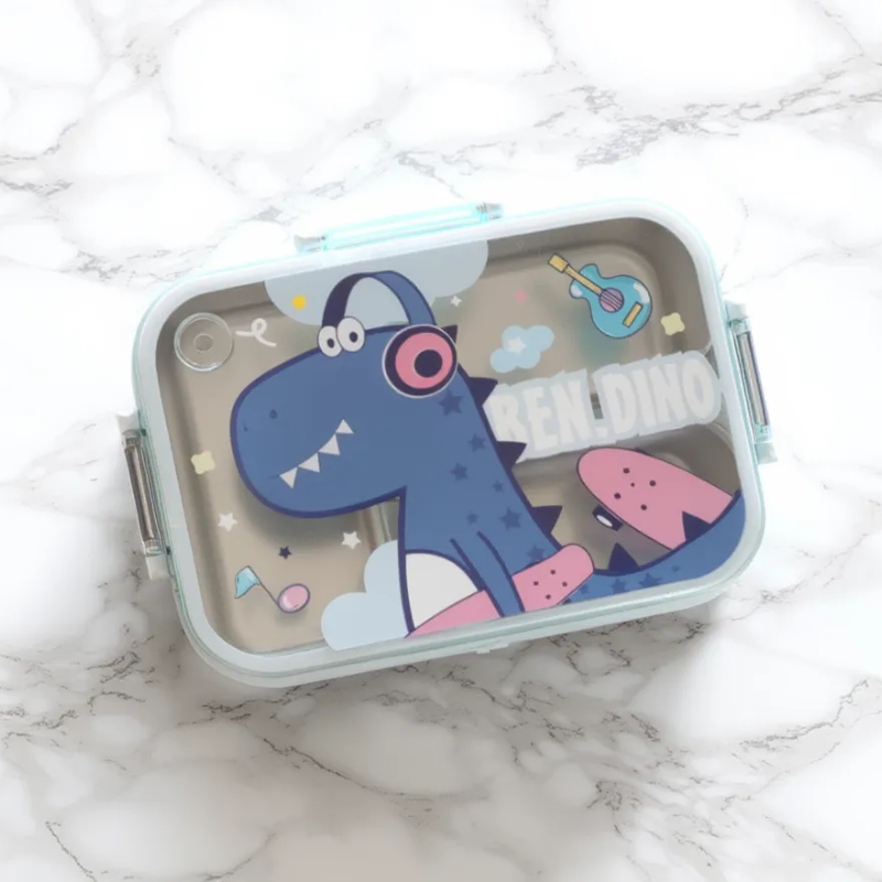 Cartoon Stainless Steel Kids Lunch Box 750ml | 3-Compartment Tiffin with Chopsticks | Leak-Resistant School Lunch Box (Random Color-Pack of 1)