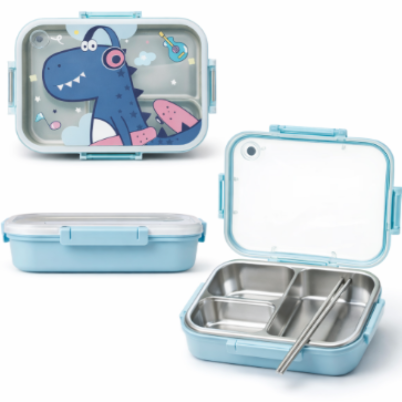 Cartoon Stainless Steel Kids Lunch Box 750ml | 3-Compartment Tiffin with Chopsticks | Leak-Resistant School Lunch Box (Random Color-Pack of 1)