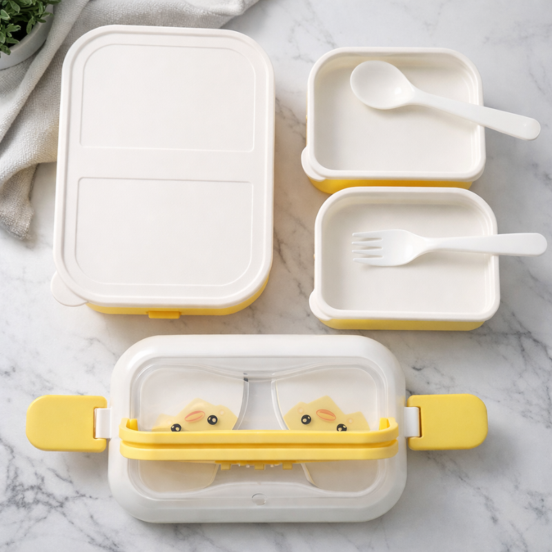 Cartoon Bento Lunch Box with Handle – 3 Compartment Kids Lunch Box with Spoon & Fork | Yellow Plastic Tiffin Box for School & Travel