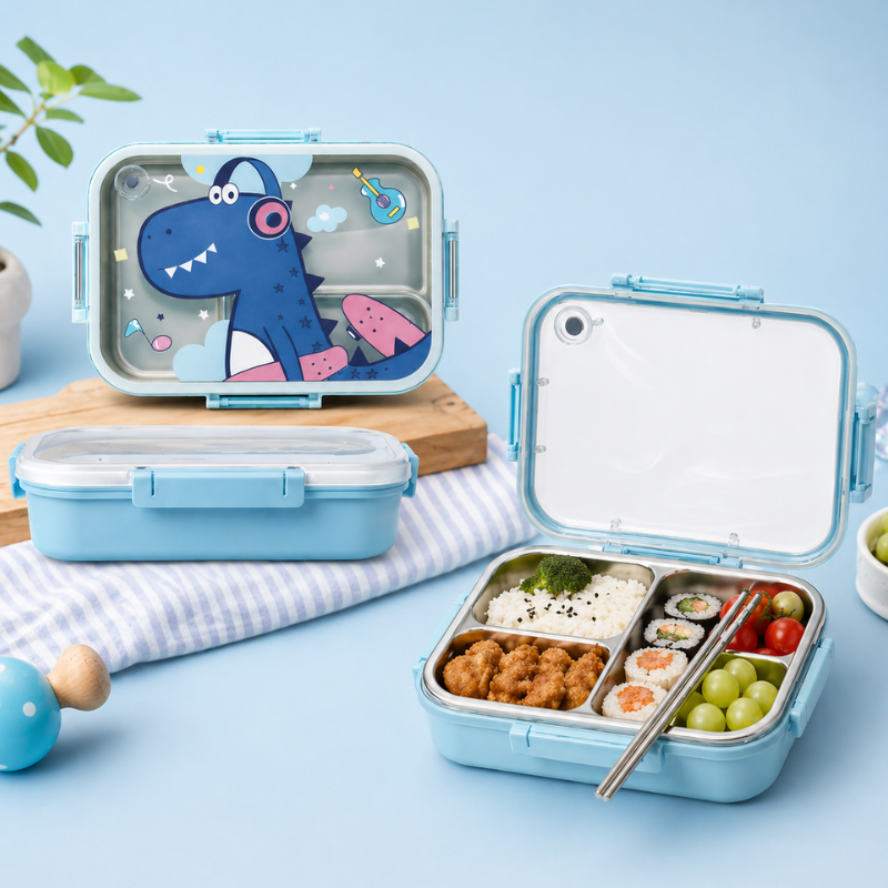 Cartoon Stainless Steel Kids Lunch Box 750ml | 3-Compartment Tiffin with Chopsticks | Leak-Resistant School Lunch Box (Random Color-Pack of 1)