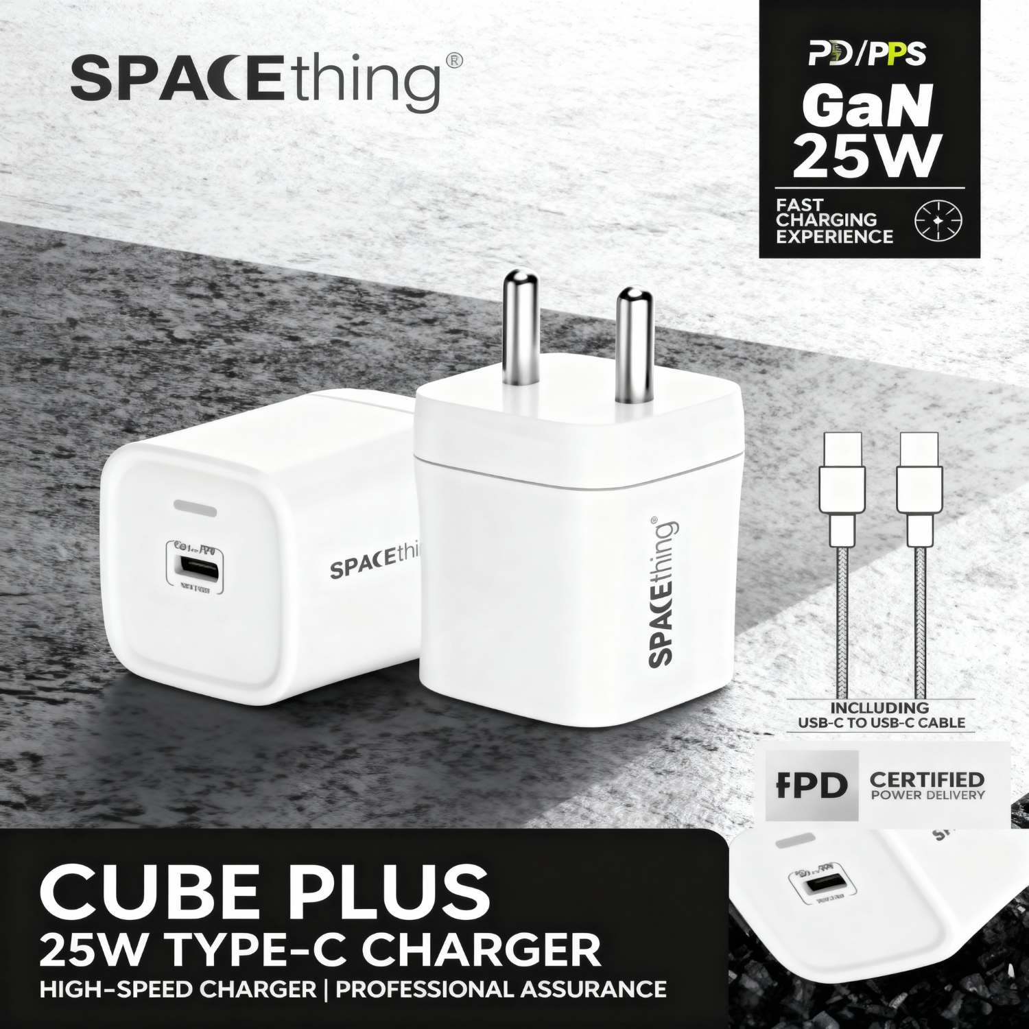 SPACEthing Cube Plus 25W GAN Fast Wall Charger with Type-C to Type-C Cable – Compact Power Adapter