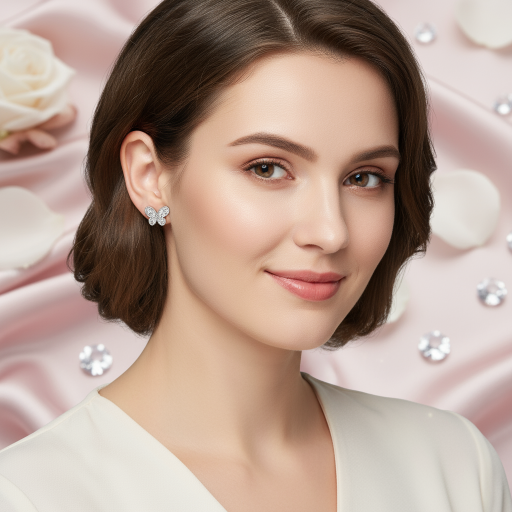 Sparkling Butterfly Stud Earrings with Clear Cubic Zirconia- Minimalist Charm Jewelry (1 Pair)