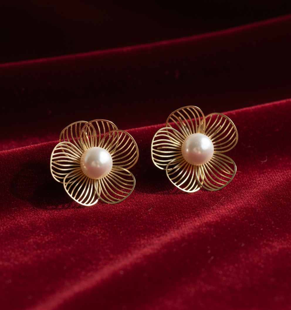 Elegant Gold Flower Pearl Stud Earrings for Women – Chic Daily & Party Wear Jewelry( 1 Pair)