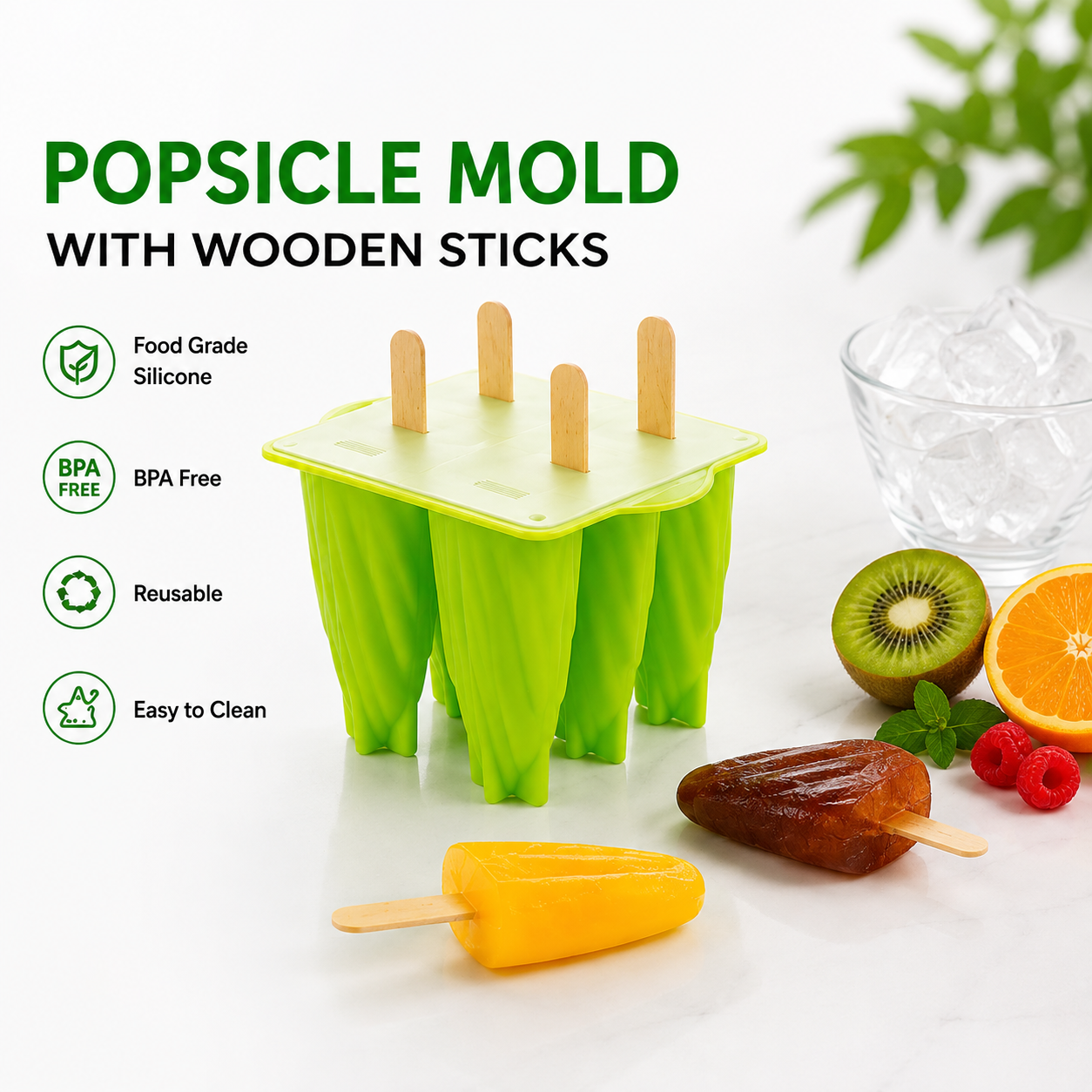 Reusable 6-Cavity Popsicle Mold - Green | DIY Ice Lolly & Fruit Candy Maker with Sticks